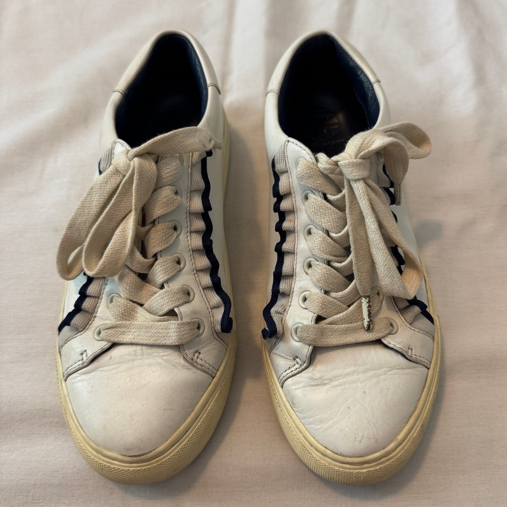 Tory Burch Sport 6.5 Ruffled Sneakers White Leather Lace Up